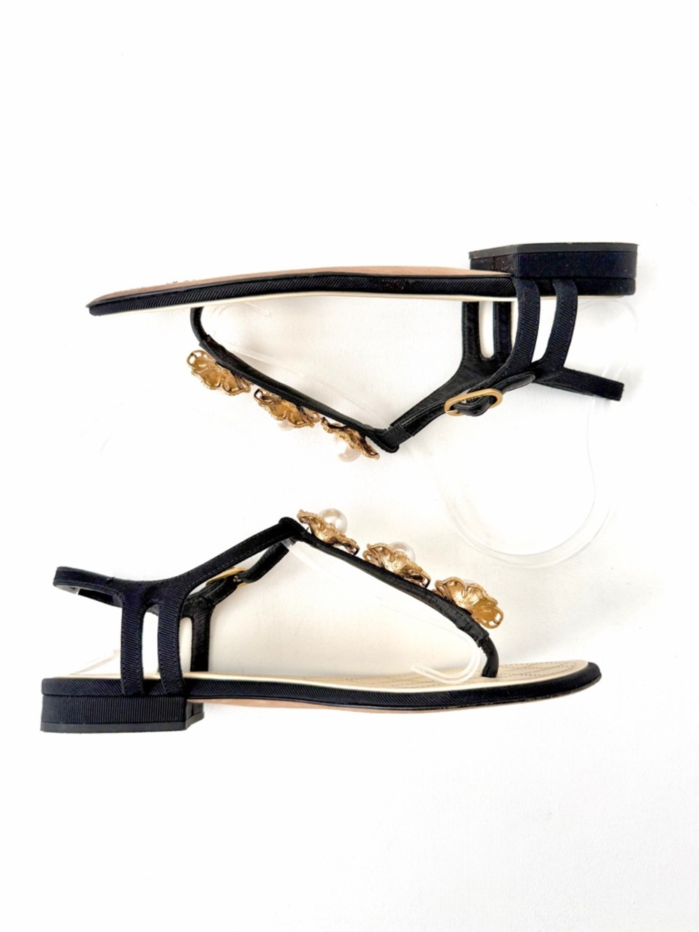 CHANEL | Pearl Camellia Black Grosgrain Thong Sandals CC Logo Slingback EU 37C - Picture 9 of 16